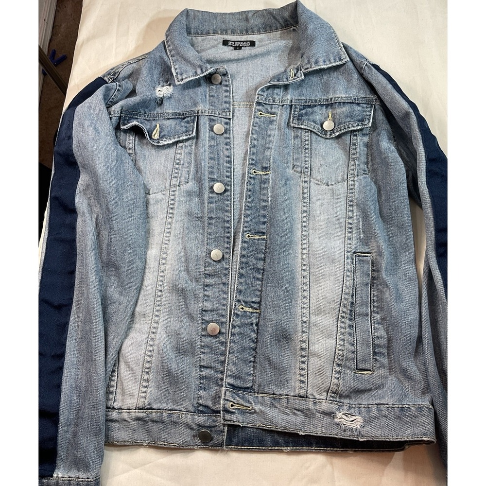 Elwood Denim Jacket Mens Medium Blue Distressed Side Stripe Trucker EMJ006156